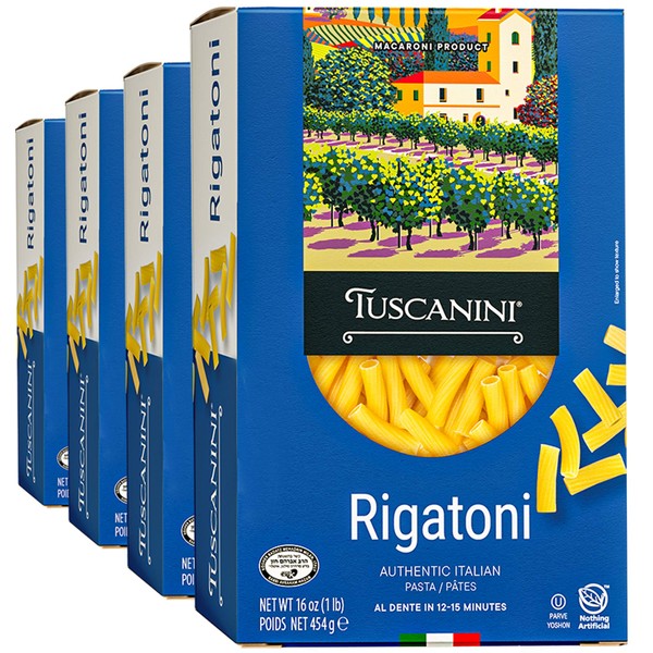 Tuscanini Authentic Italian Rigatoni Pasta 16oz (4 Pack) Made with Premium Durum Wheat, Done in 12-15 Minutes