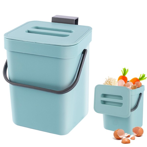 Small Compost Bin for Kitchen, Trash Can, Hanging Organic Waste Bin, Trash Can for Countertop, Container with Lid, Composter, Indoor Use, 3L, Blue