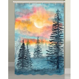 Watercolor Forest Camper RV Shower Curtain for Travel Trailers Bathroom, Blue and Grey Woodland Tree Country Camping Fabric Shower Curtains Set, Natural Landscape Decor Accessories with Hooks 47X64