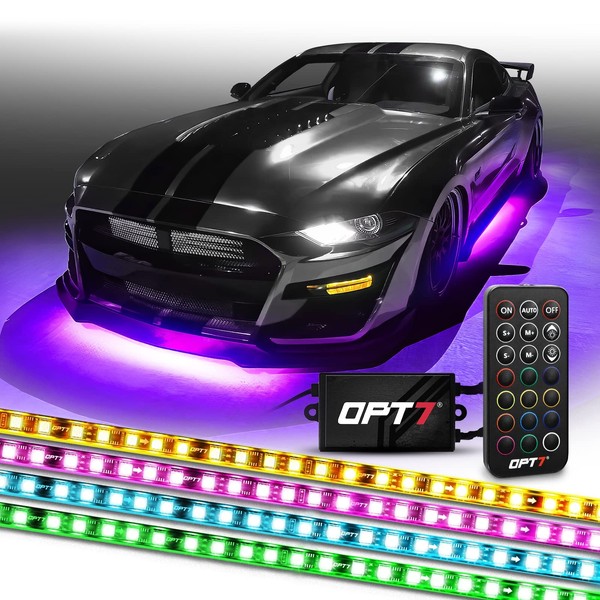 OPT7 Aura Flexible Underglow Car Lights w/Wireless Remote, Exterior Neon Accent Underbody Lighting Kit, 4 pc LED Light Strips for Cars Trucks RV, Waterproof, Multi Colors Modes, 12V