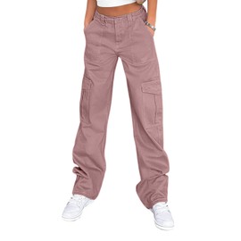 Women's Casual Mid Waist Cargo Pans Stretch Wide Leg Pants with Pockets Purple Gray