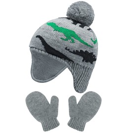 Hebenie Kids Winter Knit Hat with Earflaps and Pom Pom - Fleece Lined Warm Outdoor Beanie for Boys Girls Age 0-8 Snowflake Animal Designs