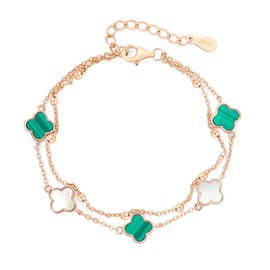 Women's Bracelet, Quatrefoil Clover, Good Luck, Rose Gold, 925 Sterling Silver, Luxury, Double Strand Bracelet, Adjustable Size, Fashion, Anniversary, Gift