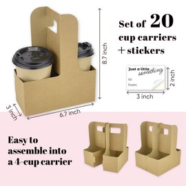 20 Pack Disposable Drink Carrier with Handle for 2 or 4 Cup — Kraft Paperboard Holder To Go, Paper Carriers for Hot or Cold Drinks, Includes 20 Stickers for Party Gift Decor, Birthday and Wedding