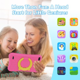 DigiLand 7inch Android Kids Tablet, 4GB RAM+32GB ROM, Quad-Core CPU, 3000mAh Battery (4H), Kid-Proof Case, Learning Apps, for Toddlers & Children 2-12 Years（Pink）