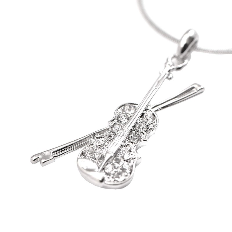 Spinningdaisy Silver Plated Crystal Violin with Bow Necklace