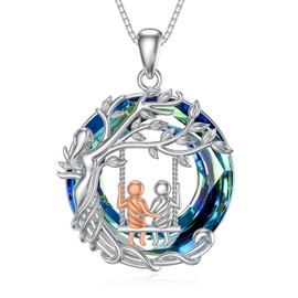 TOUPOP Birthday Gift for Mom Mothers and 2 Children Necklace Sterling Silver Family Tree of Life Pendant with Blue Crystal Jewelry for Mom Mother Women Anniversary Christmas Mothers Day Gifts