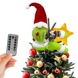 OurWarm Gnome Christmas Tree Topper Star Lighted, Plush Stuffed Xmas Tree Toppers Christmas Decorations Indoor, Christmas Tree Star Topper with Lights for Wine Bottle Curtain Christmas Tree Decor