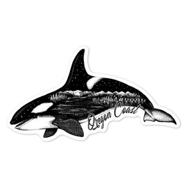 Die Cut Sticker Oregon Coast, Orca, Mountains, and Trees, Double Exposure, Contour Vinyl Sticker 3 to 6 inches, (Waterproof Decal for Cars, Water Bottles, Laptops, Coolers), Large
