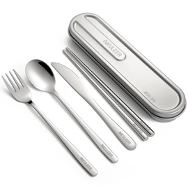 Juego de cubiertos de viaje, cubiertos de acero inoxidable 18/8, juego de utensilios reutilizables con estuche, lonchera portátil para camping y ofici