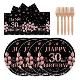 Xjoviative 72 Pcs 30th Birthday Party Supplies Paper Plates and Napkins, Black Rose Gold 30th Birthday Plates Napkins Tableware Set for Women Girls Cheers to 30 Years Decorations, Serve 24 (30th)