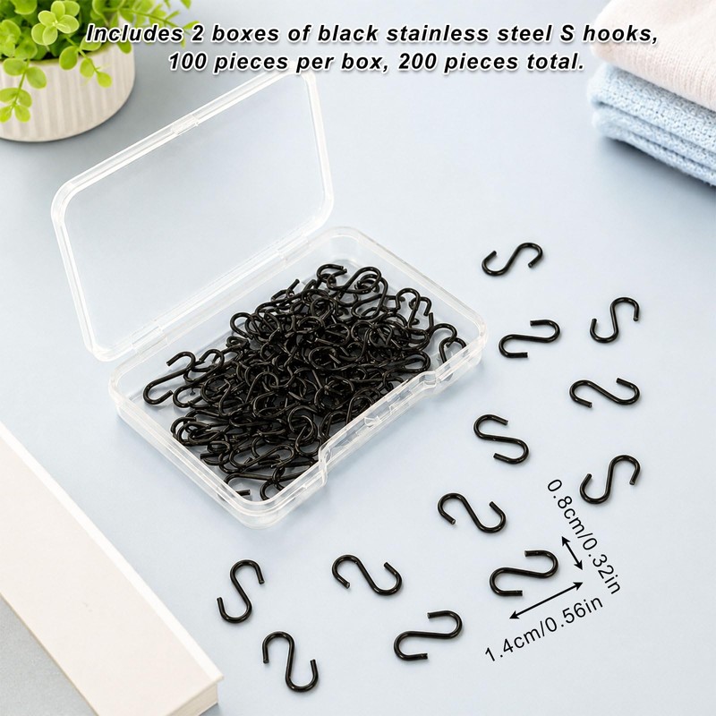 200PCS Mini Black S Hooks for Jewelry Hanging, Christmas Ornaments,