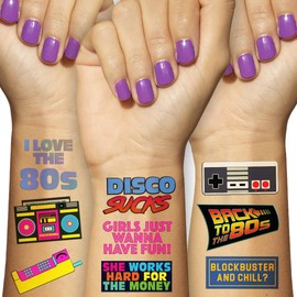 Retro 80s Theme Temporary Tattoos (5 Pages) - Funny 1980's Theme Party Decoration, Favors & Supplies
