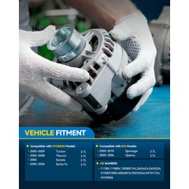 PHILTOP Alternator Compatible With 2005-2010 Kia Sportage, 2005-2009 Hyundai Tucson, 2005-2006 Santa Fe, 2005 Sonata, 2005-2008 Tiburon, 2005-2006 Optima 2.7L V6 11188N