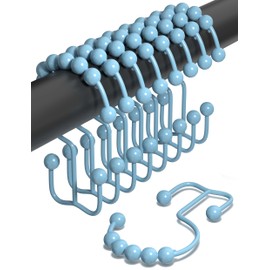 Shower Curtain Hooks Rust Proof (Set of 12) - Stainless Steel Shower Curtain Rings - Anti Slip Roller Balls for Easy Glide (Sky Blue, Dual-Glide Double Hooks)
