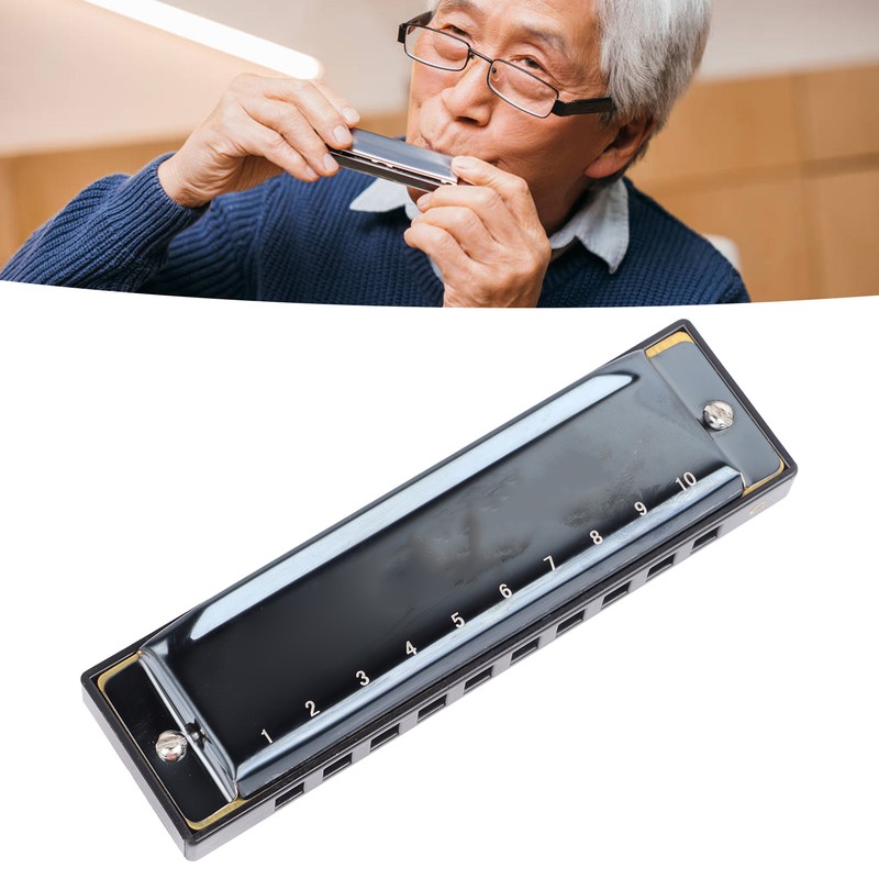 Black Harmonica C Key 10 Hole Blue Harp Stainless Steel
