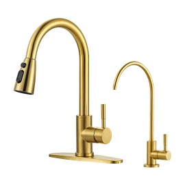 Modern Faucet SUS304 Kitchen Sink Faucet with Drinking Water Faucet,Water Filter Faucet for Water Filtration SystemColor: Gold, Surface Finishing: Brushed