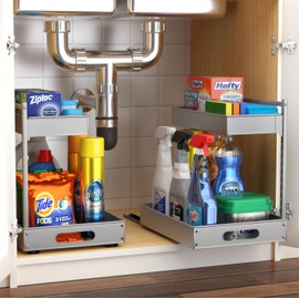Sorbus Under Sink Organizer with Sliding Tracks and Adhesive Tape - 2-Tier Pull-Out Storage Rack for Kitchen and Bathroom - No Drill Under Sink Organization Storage Cabinet Shelf