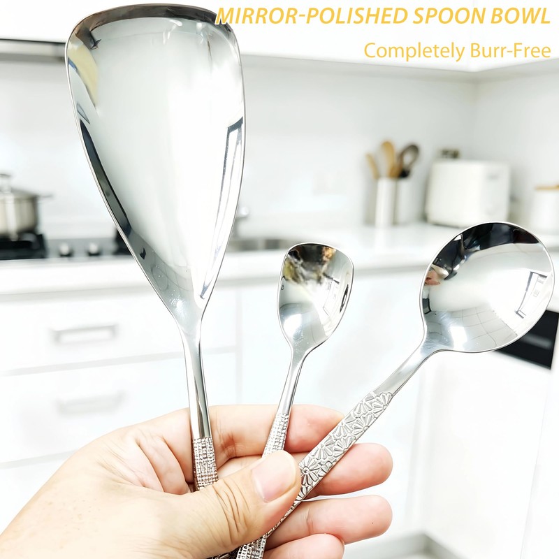 3 PCS Stainless Steel Spoon Set, Mirror Metal 10.5" Serving