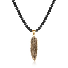 GAVU Mens Matte Onyx Pearl Feather Pendant Necklace, Stone, Onyx