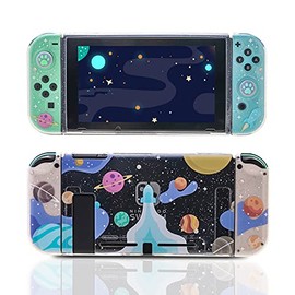 Switch Clear Glitter Case, Switch TPU Case, Switch Protective Case with Animal Crossing Thumb Grips and Tempered Glass Screen Protector - Rocket Theme
