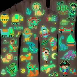 EGMBGM 30 Sheets Animals Glow in The Dark Temporary Tattoos For Kids Boys Girls Teens, Dinosaur Construction Pirate Space Astronaut Glowing Fake Glitter Luminous Tattoo Sticker Toddler Children Kits