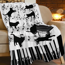 Piano Keys Cat Print Blanket Music Notes Musical Throw Blankets for Couch Sofa Bed Stuff Decor Gifts Soft Cozy Fleece Plush Warm Flannel Bedding for Lover Men Women Girls Boys Teen Adults 40"x50"