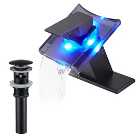 Bathroom Black Faucet Waterfall LED Glass Spout with Overflow Drain Stopper Single Handle One Hole Deck Mount Modern Designer Bath Basin Sink Tap 3 Color Changing Battery Powered Lavatory Vanity