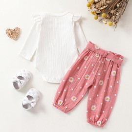 WYTbaby Newborn Infant Baby Girl Clothes Ribbed Long Sleeve Romper, Knit Ruffle Baby Girl Outfit for 12-18 Months