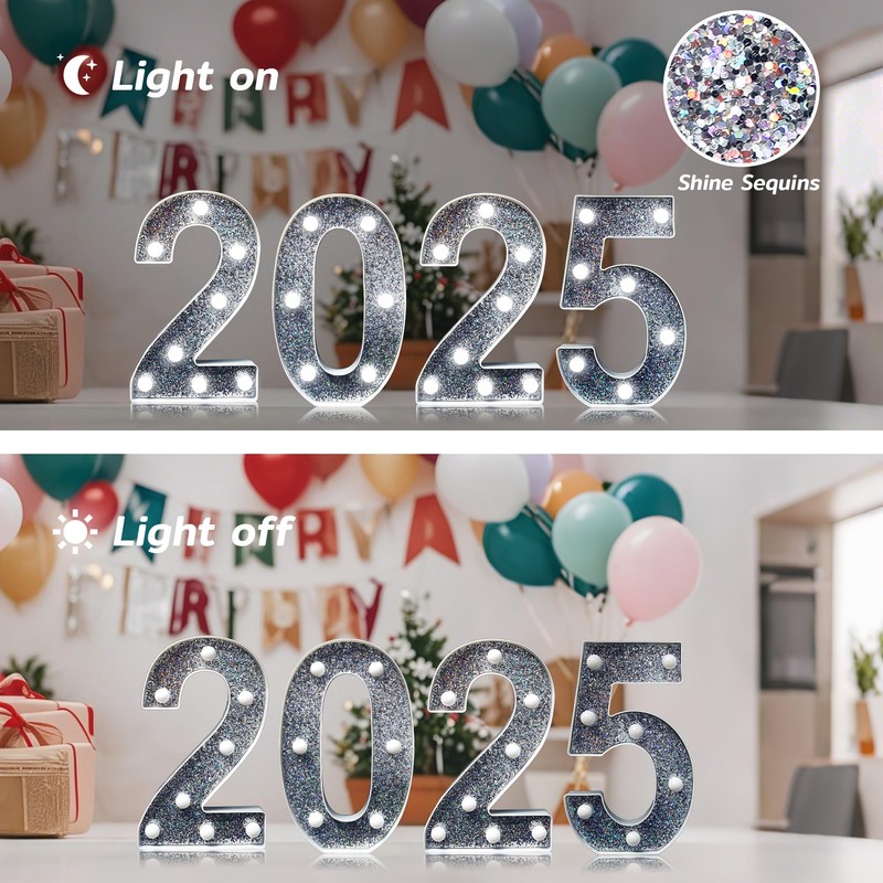 LED Number Light - Lighted Silver Glitter Number Light Sign,