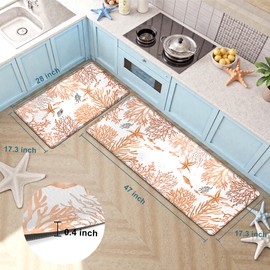 Kitchen Mats for Floor Cushioned Anti Fatigue Sets of 2 Coastal Kitchen Rugs Non Slip Waterproof Nautical Foam Kitchen Floor Rug Beach Theme Coral Fish Comfort Standing Mat for Sink Laundry, Coral