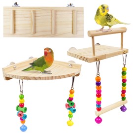 Sysmashing 3PCS Bird Perches Platform Swing with Climbing Ladder, Natural Wood Ladder Bungee Toys,for Green Cheeks, Lovebird, Chinchilla, Budgie, Hamster, Parrot Cage Toys Sets