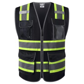 HATAUNKI Reflective Safety Vest for Men Women Hi Vis Vest with 9 Pockets High Visibility Mesh Reflective Vest Meets ANSI/ISEA 107-2015 (Black-04, X-Large)
