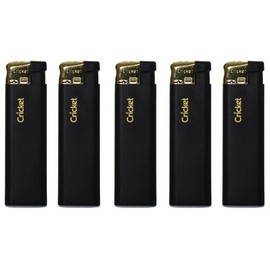 Cricket Lighters Electronic 5 Pack Original Size Black Matte Gold Cap Made in Holland