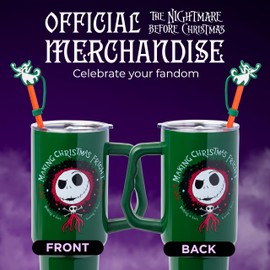 Silver Buffalo Disney Nightmare Before Christmas Making Xmas Fright Featuring Jack Skellington & Zero Stainless Steel Tumbler with Handle, Straw, and Straw Cap, Fits in Standard Cup Holder, 40 Ounces