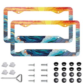 2 Pack Ocean License Plate Frame, Artsy Waves Vanity Car Tag Holder, Sunset License Plate Covers, Beachy Car Accessories