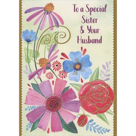 Designer Greetings Purple, Blue and Red Flowers with Gold Foil Accents, Swirls and Borders Easter Card for Sister and Husband (Brother-in-Law)