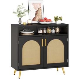 DWVO Buffet Cabinet Sideboard w/Rattan, 2 Pieces Black Rattan Cabinet w/Storage Rattan Decorated Doors, Modern Coffee Bar Cabinet 300 lbs Capacity w/Adjustable Shelves for Kitchen & Living Room