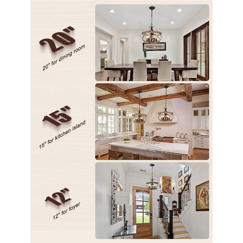 12 Inch Farmhouse Wood Chandelier Light Fixture, 3-Light French Country