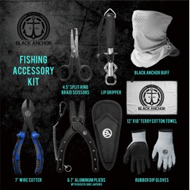Black Anchor Fishing Accessory Kit | 6.7" Aluminum Plier, Stainless Lip Gripper, Buff Face Shield, Wire Cutter, Split Ring Braid Scissor, Rubber Dip Gloves, Microfiber Towel