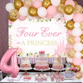 kreat4joy Four Ever a Princess Birthday Decorations, Princess 4th Birthday Party Decorations, Backdrop Pink Gold White Balloons Arch Number 4 Crown Foil Balloons for 4 Year Old Girl Birthday