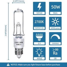 Lachesan JDE11 120V 50W T4 Mini Candelabra Base（Replacement E11 Led Bulb） 2700K Clear Dimmable JD E11 Halogen Light Bulbs for Chandeliers, Ceiling Fan, Table Lamps, Cabinet Lighting, 4 Pack