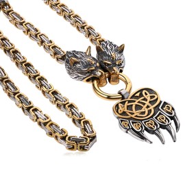 Flongo Men's Viking Wolf Pendant Necklace: Stainless Steel Wolf Head Norse Amulet - King Chain Pirate Jewellery with Odin Warrior Bear Claw Agletfor Gift for Men Father's Christmas Valentine's Day