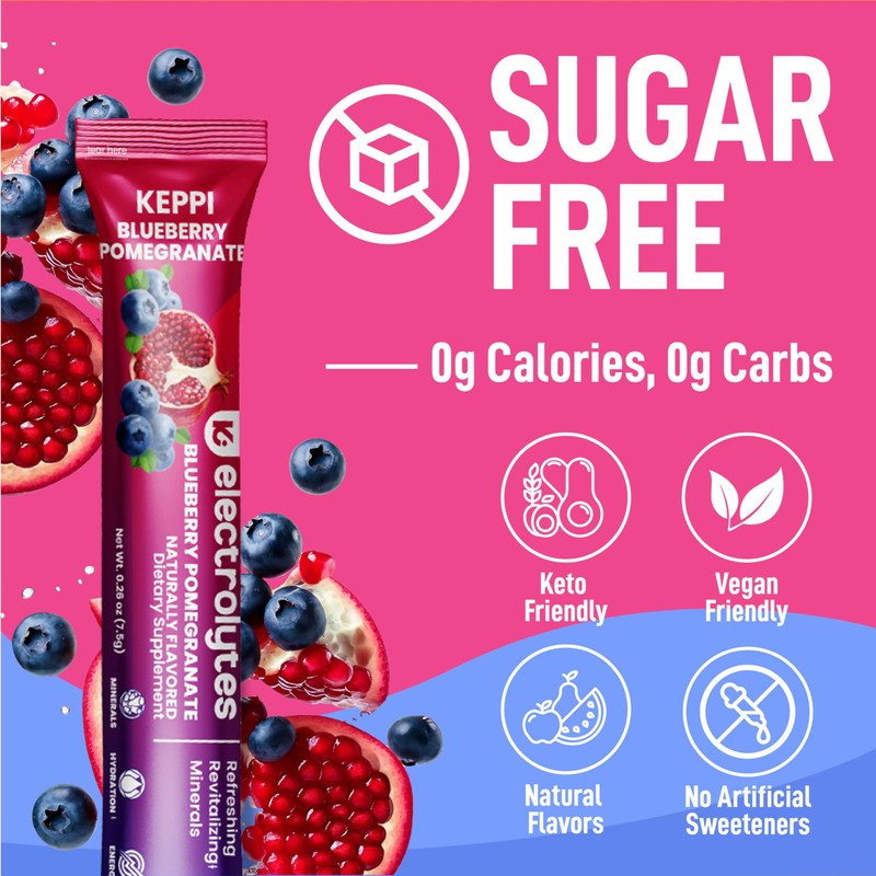 Keppi Electrolytes Powder Packets – Blueberry Pomegranate 30 Servings –