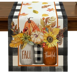 Fall Floral Pumpkins Mason Jar Table Runner 13x72 Inch Buffalo Plaid Check Leaves Seasonal Harvest Autumn Thanksgiving Kitchen Dining Table Decor for Home Party Decoration ZQ37
