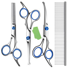 Wikdey Dog Scissors for Grooming with Safety Round Tip,Professional Dog Grooming Kit,Dog Hair Shears Set,Incude Thinning、 Curved、Straight Scissors and Comb.Suitable for The Right Hand