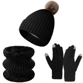 fdsmall 3 in1 Winter Hat Scarf Gloves Set, Winter Warm Elastic Knitted Beanie Hat, Circle Neck Warmer Scarf and Touch Screen Gloves Set, Outdoor Sports Soft Fleece Inner Lining Gift (Black)
