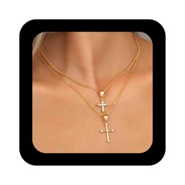 Vacaonio Boho Layered Crystal Cross Necklace Choker Rhinestone Cross Pendant Necklace Gold Religious Cross Chain Necklace Double Cross Choker Necklace Jewelry for Women