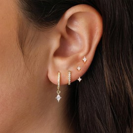 Gold Hoop Earrings Set for Women, Trendy Diamond Dangle Huggie Jacket Stud Earrings for Multiple Piercing, Minimalist Geometrical Jewelry Stacks for Gifts