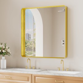 Koonmi Gold Wall Mirror for Bathroom, 30x30 Inch Matte Deep Framed Rounded Rectangle Vanity Mirror for Farmhouse Living Room, Tempered Glass, Anti-Rust, Vertically or Horizontally